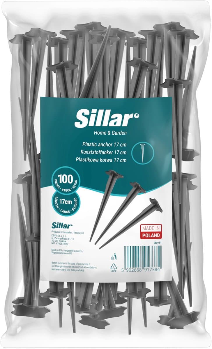Sillar, grondankers, 17 cm, voor geotextiel, gaas, folie, UV-bestendig, stabiel en duurzaam, PP-kunststof, sterke tuinankers voor geotextiel, 100 stuks — afbeelding 1