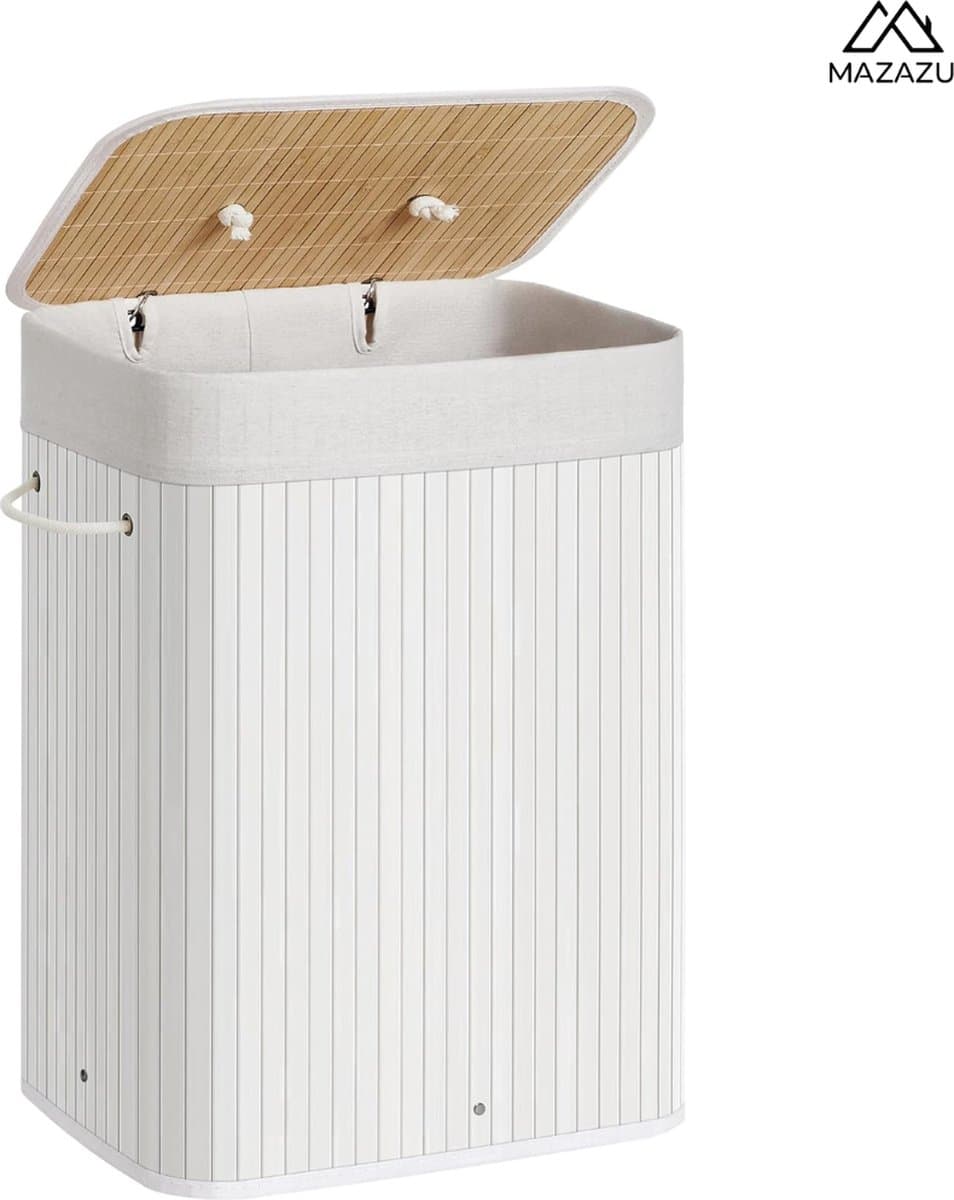 MIRA Home - Wasmand met deksel - Wasbox bamboe met handvatten - Wit - 72 liter - 40x30x60 cm — afbeelding 1