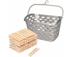 Wasknijpers mandje met ophanghaak - zilver - gevuld met 100x houten wasknijpers van 7 cm - was ophangen