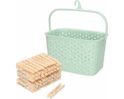 Wasknijpers mandje met ophanghaak - groen - gevuld met 100x houten wasknijpers van 7 cm - was ophangen