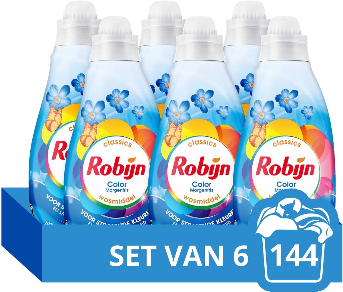 Robijn - Vloeibaar Wasmiddel - Klein & Krachtig - Morgenfris - 6 flessen 144 wasbeurten - Voordeelverpakking — afbeelding 1