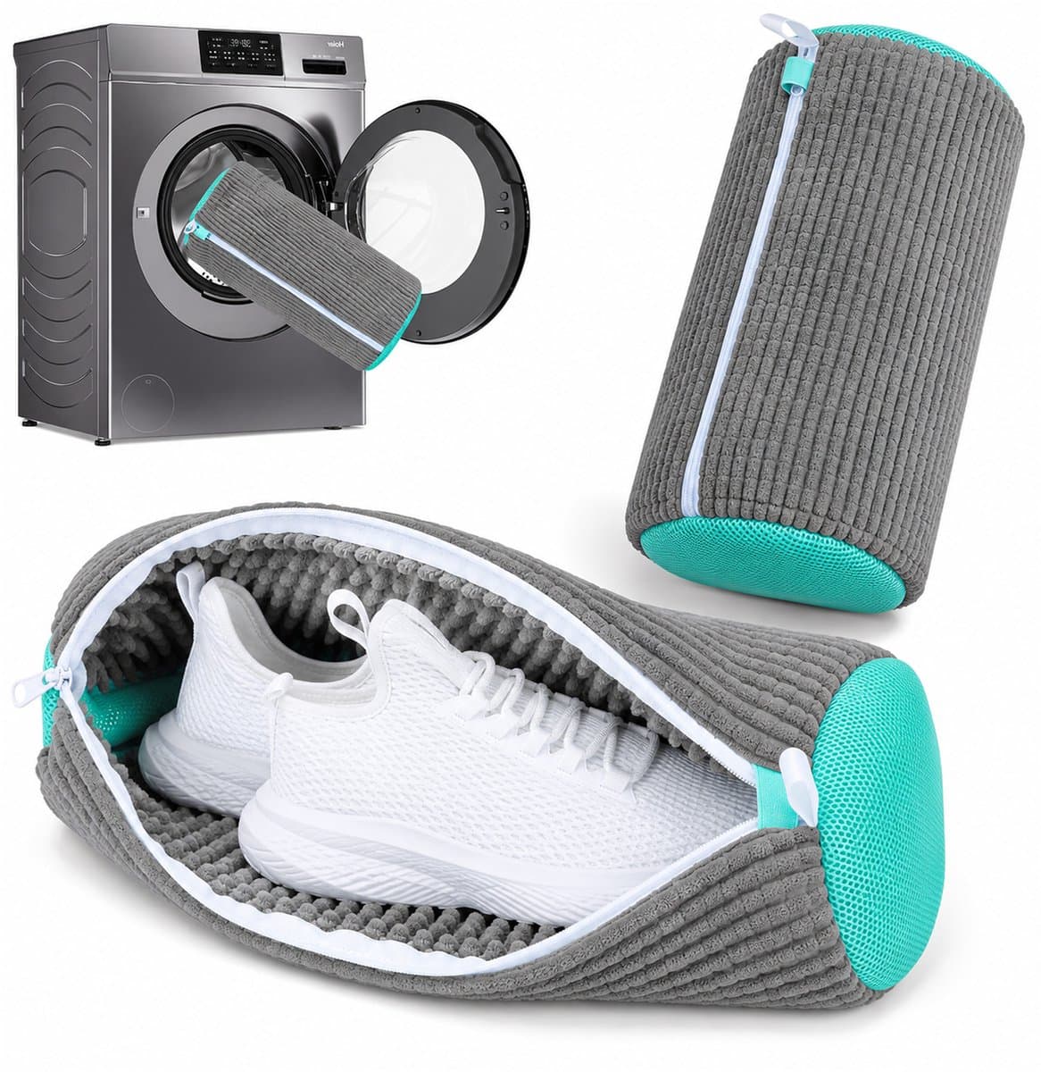 Kaiyaya - 2 stuks waszak voor schoenen - beschermt en voorkomt schade - schoenenwaszak met rits - voor wasmachine - voor sneakers en sportschoenen - grijs, 39x19 cm — afbeelding 1