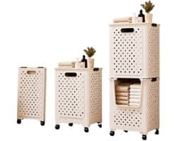 2 Opvouwbare Wasmanden met Wieltjes – Stapelbare Wassorteerder met Handdoekrek, Ventilatiegaten en Uitschuifbare Mand.