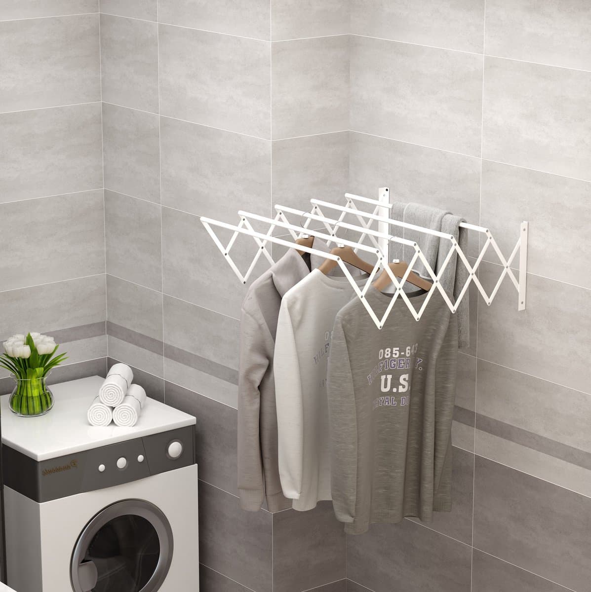 Wanddroogrek – Uitschuifbaar en Inklapbaar – 63,5 x 60 x 20 cm – Metaal – Wit – Binnen en Buiten — afbeelding 1