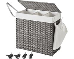 Wasmand 66 x 33 x 60 cm, Vuile Wasmand met Deksel, 3 Compartimenten, Wasgoedmand met Uitneembare Waszak, Wielen en Handgrepen, Wasmand Rietstijl, Kleding Sorteren, Wasmand voor Badkamer, Wasruimte en Woonkamer, PP-Riet, Metalen Frame, Grijs