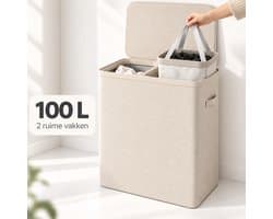 MAZAZU Wasmand 2 Vakken met Deksel - Wassorteerder 100L - Uitneembare Waszakken - Beige