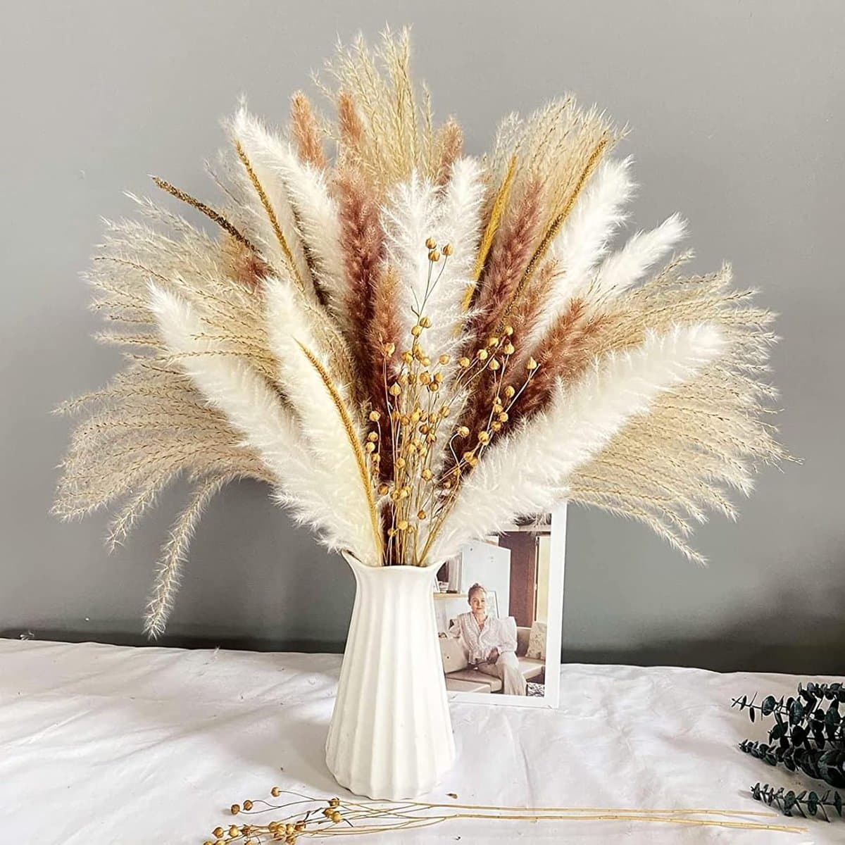 Gras, kunstbloemen, set van 90 stuks, gedroogde planten, boeketarrangement, 100% natuurlijke driedbloemen voor boho-decoratie, woonkamer en vazen — afbeelding 1