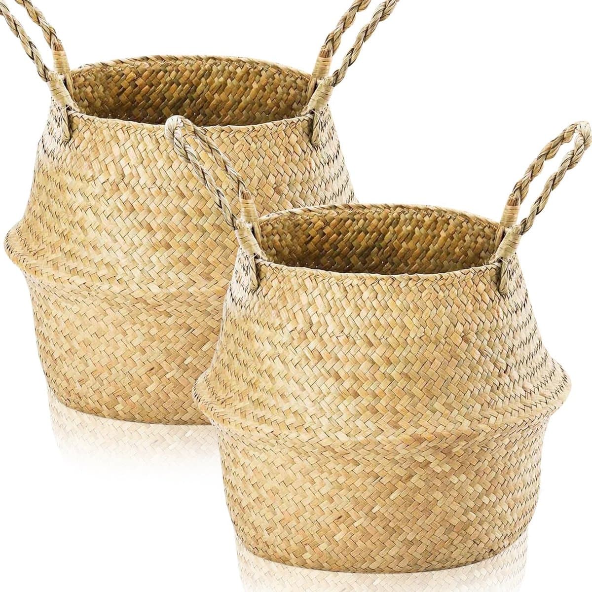 2 stuks zeegras opbergmanden geweven opbergmand met handvat, zeegras plantenpot mand rieten plantenbak opvouwbare speelgoed wasbuik mand, ronde opbergmand voor planken(L 32×28cm) — afbeelding 1