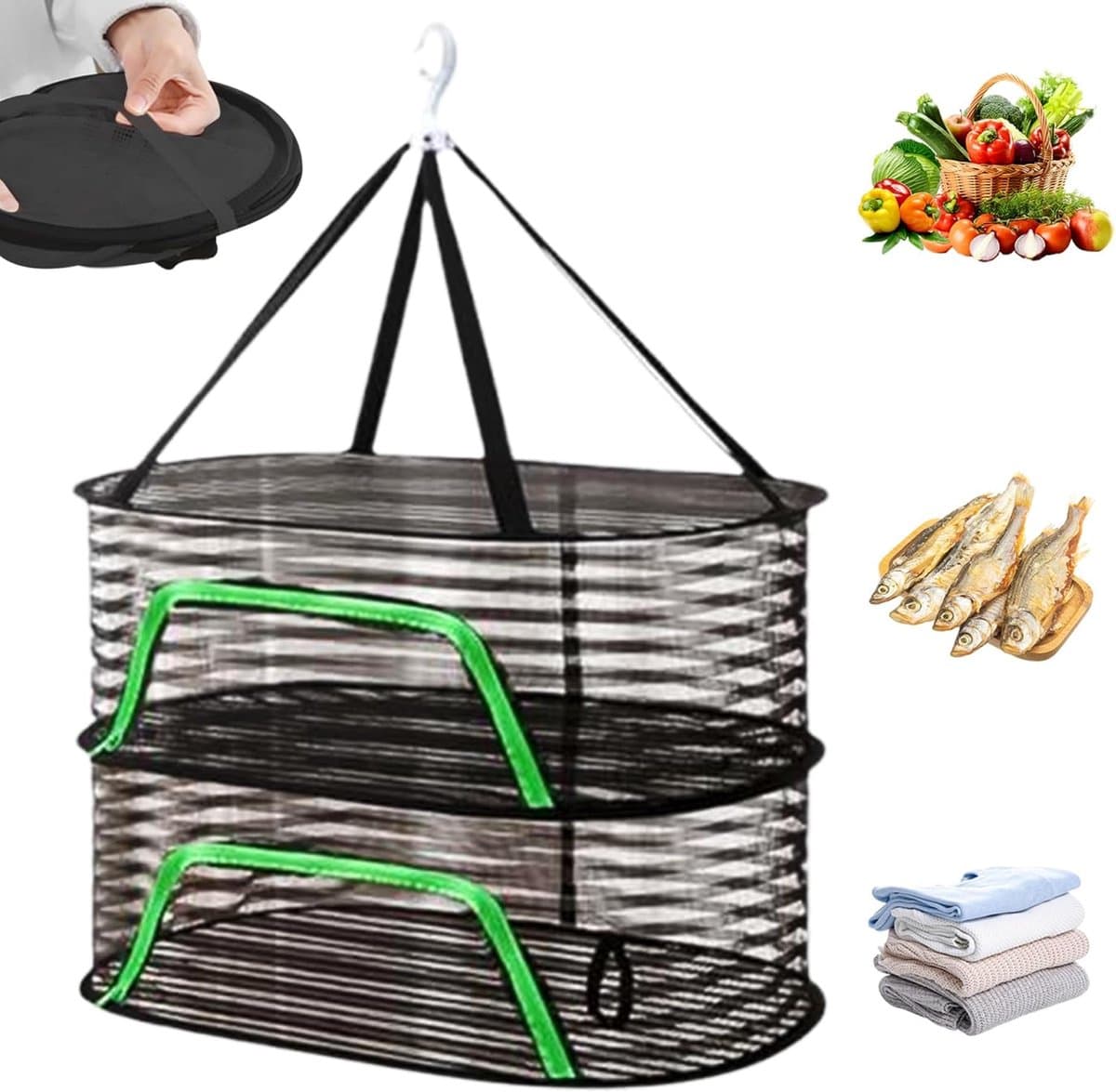 2-lagige Kruiddroogrek – 23,6 inch Diameter, Hangend & Opvouwbaar, Anti-vliegen met Rits, Ademende Windbestendige Gaas voor Fruit, Hydroponische Bloemen & Kleding — afbeelding 1