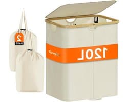 VVGoods - Grote Opvouwbare Wasmand met Deksel en Bamboe Handvatten, Uitneembare Waszak, 120 Liter - Voor Slaapkamer, Badkamer, Waskamer - Beige Kleur