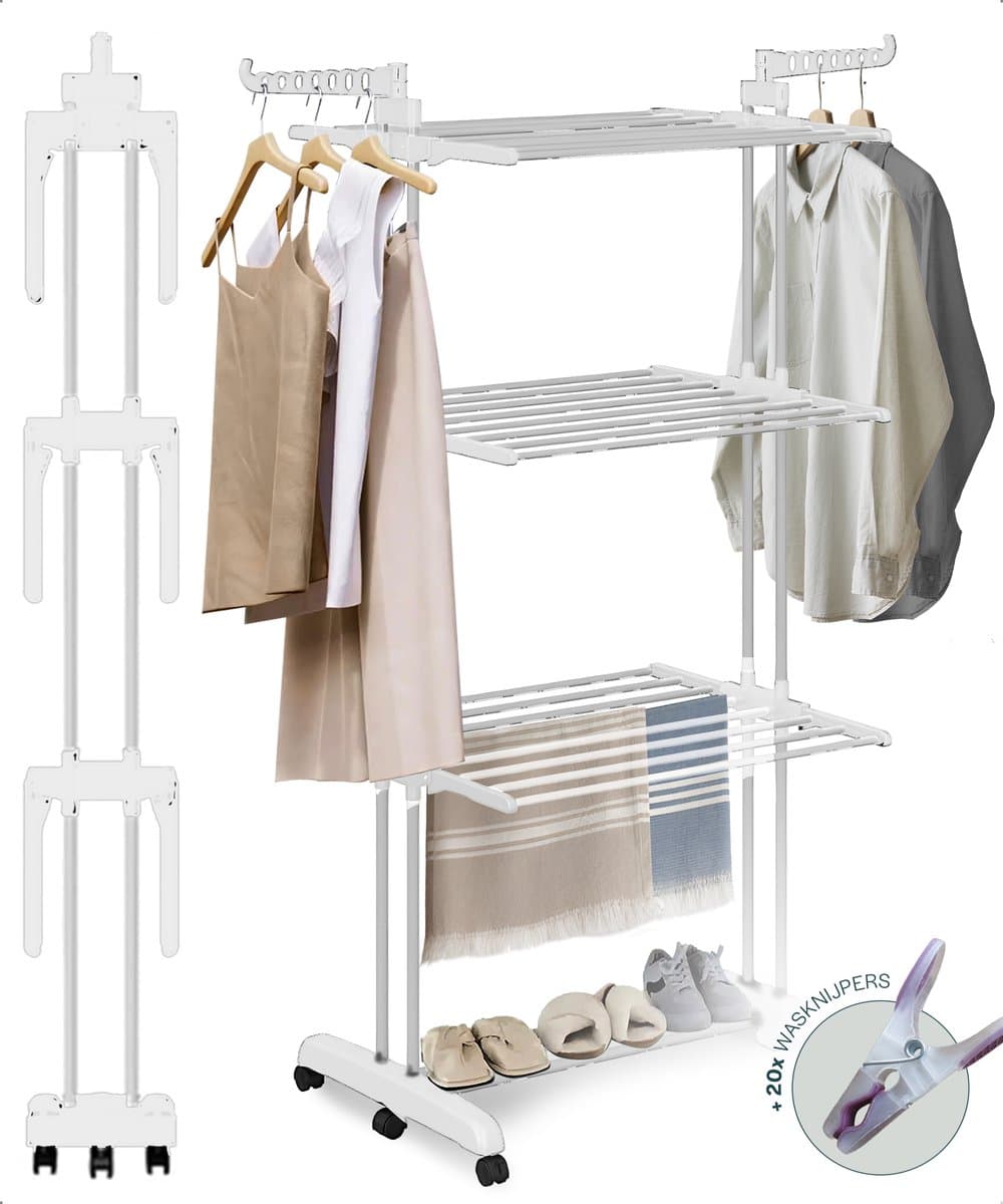 BAUER & MEYER® - Droogrek - Inklapbaar Wasrek - Incl. 20 wasknijpers - Droogtoren - Wastoren - 173 x 75 x 63 cm - Wit — afbeelding 1