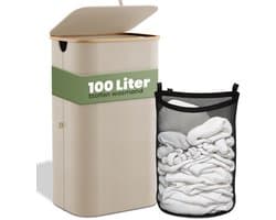 Nince Wasmand - 1 Vak - 100L - Met Deksel - Wassorteerder - Uitneembare Waszakken - Bamboe - Opvouwbaar - Beige — afbeelding 1