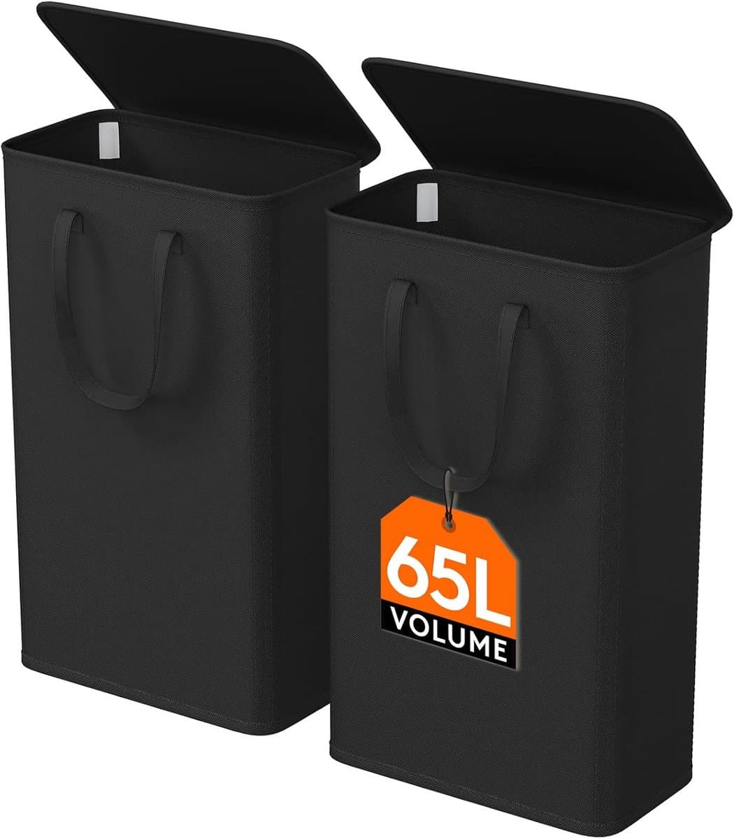Set van 2 Slanke Wasmanden van 65 Liter – Opvouwbare Smalle Wasmand met Deksel, Verstevigde Bodem en Verlengde Handvatten – Ruimtebesparende Kledingopberger voor Slaapkamer, Badkamer en Wasruimte – Zwart — afbeelding 1