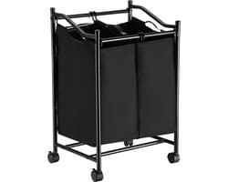 Wasmand met wielen en 2 vakken, wasmand, wasverzamelaar, waswagen met afneembare zakken, totale capaciteit 90 l, zwart,