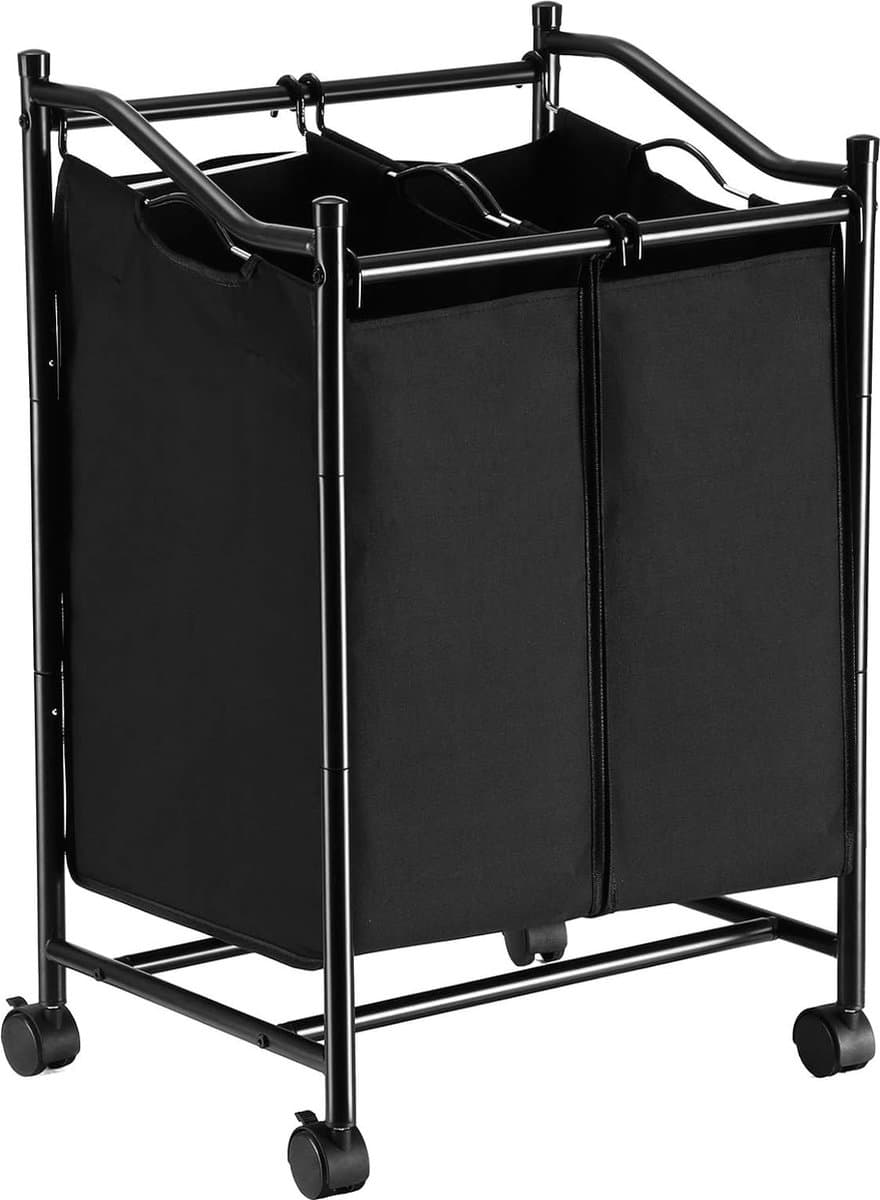 Wasmand met wielen en 2 vakken, wasmand, wasverzamelaar, waswagen met afneembare zakken, totale capaciteit 90 l, zwart, — afbeelding 1
