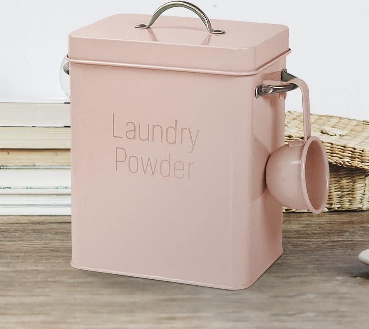 Waspoeder voor wasmiddel, box, wasmiddelbox met doseerlepel en schep, waspoederdoos, metalen opbergdoos, 4 liter, poeder opbergdoos (roze) — afbeelding 1