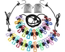 2 Stuks Campingwaslijnen - Waslijn - Camping Waslijn - Kampeerwaslijn - Windbestendige Waslijn - Met 12 Wasknijpers - Uitschuifbare Elastische - Draagbare - Voor Kamperen, Reizen en Wassen (Binnen & Buiten)