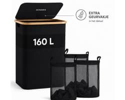 SOVARA - Wasmand 3 vakken - 160L - Zwart - Bamboe wassorteerder - 3 uitneembare waszakken