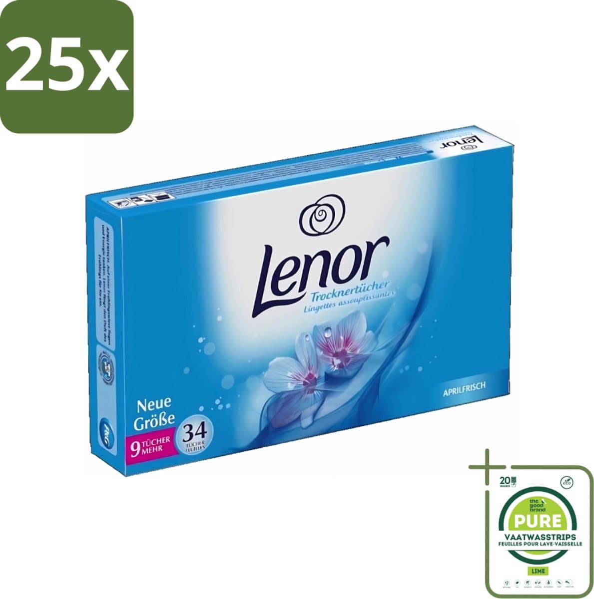 25 x Lenor - Droogtrommeldoekjes - Aprilfris - Textielverfrisser - 34 Doekjes - Grootverpakking - Droogtrommeldoekjes - Frisheid - Wasdoekjes - Statische Elektriciteit - Textielverfrisser — afbeelding 1