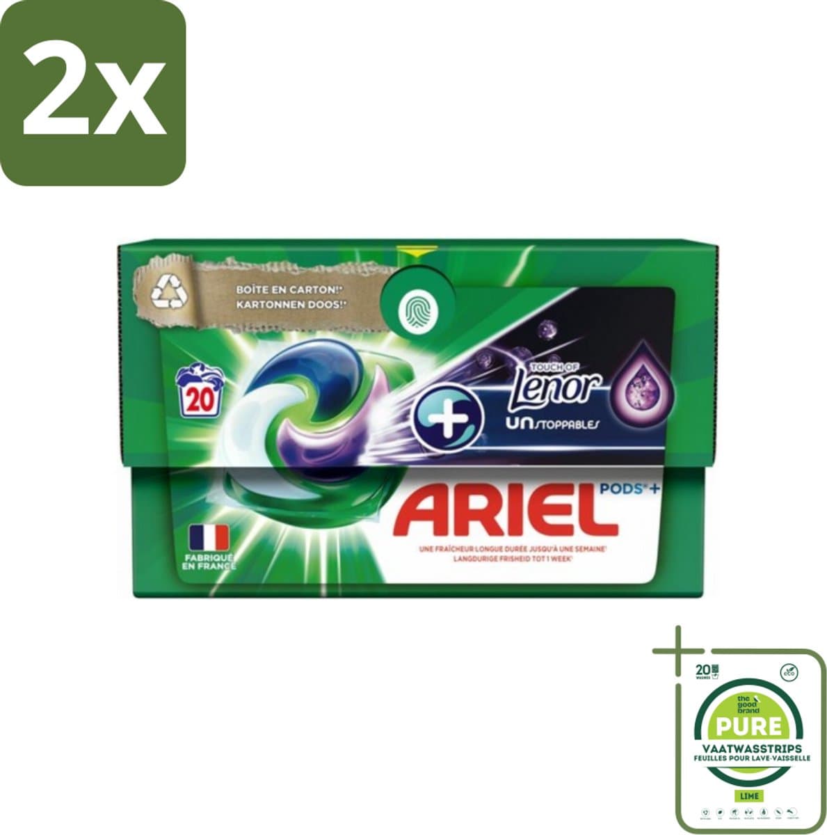 Ariel Original - Touch of Lenor Unstoppables - Wasmiddelcapsules - Pods+ - Witte en Gekleurde Was - 20 Wasbeurten - Voordeelverpakking - 2 stuks - Wasmiddelcapsules - Waspoeder — afbeelding 1