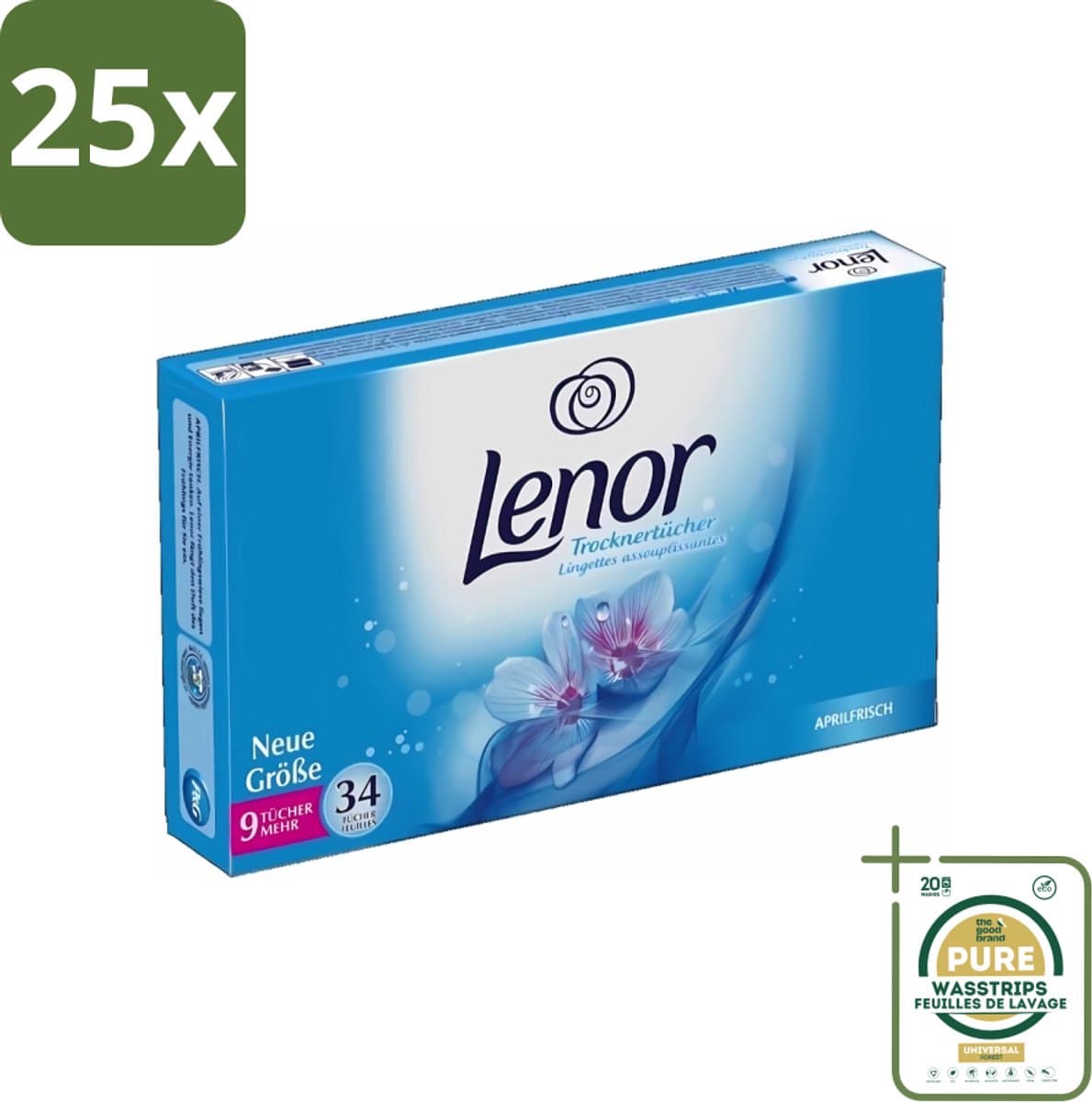 25 x Lenor - Droogtrommeldoekjes - Aprilfris - Textielverfrisser - 34 Doekjes - Grootverpakking - Droogtrommeldoekjes - Wasdoekjes - Textielverfrisser - Frisheid - Statische Elektriciteit — afbeelding 1