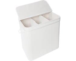 Wasmand met deksel, bamboe, 150 l, 3 vakken, HxBxT: 61,5 x 61 x 41,5 cm, badkamerwasmand, wit