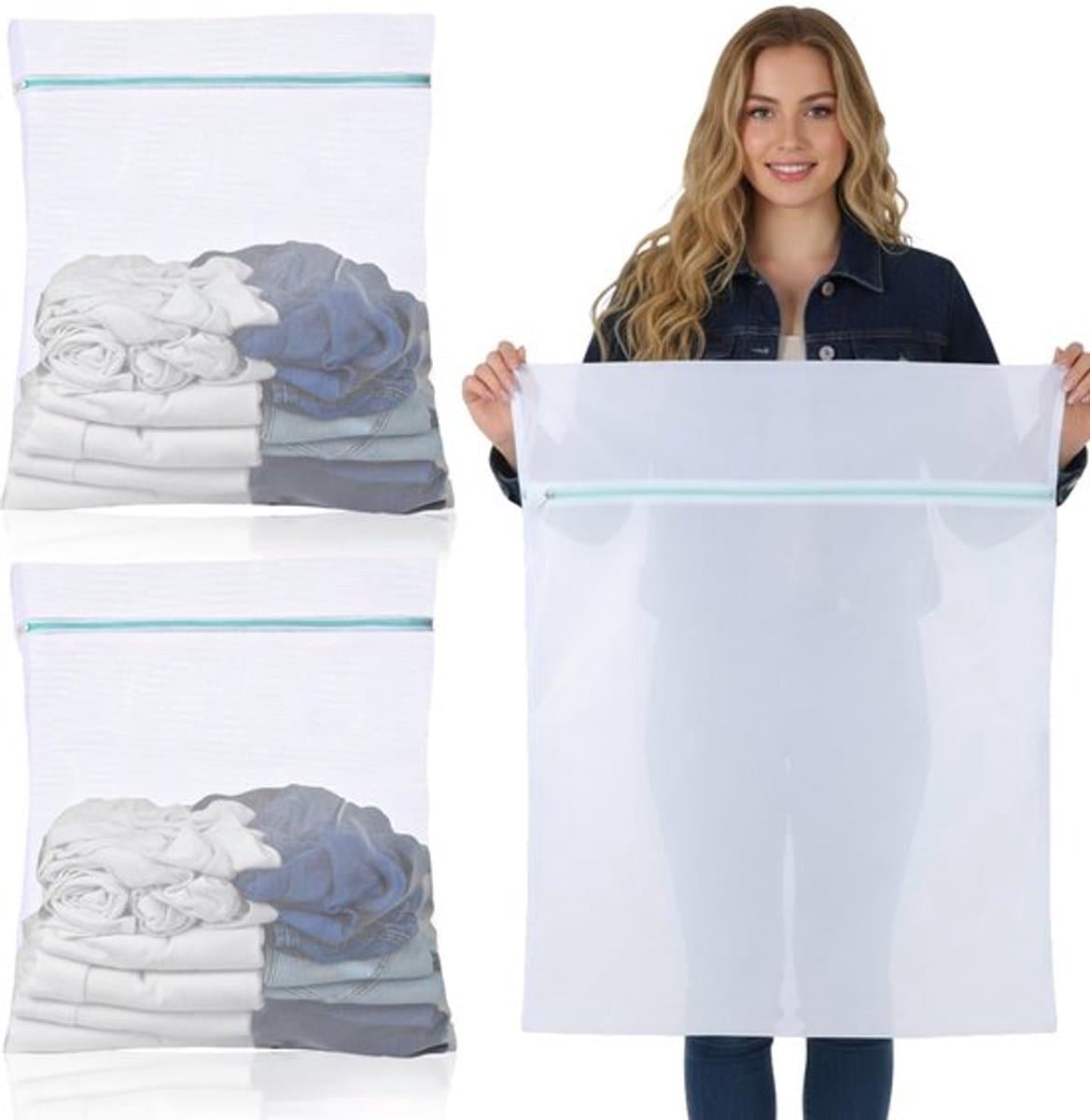 Waszak Groot 60 x 80 cm - Waszakken voor Wasgoed - Wasnetten met Ritssluiting - Witte Waszakken - Set van 2 Stuks - Polyester Materiaal - Wasnet — afbeelding 1