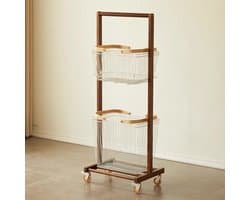 Wasmand met 2 Lagen - Kledingmand Rolbaar - Kleding Sorteren - Afneembare Manden - 127 cm Hoog - Walnoot