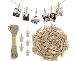 Knijpers Mini 150 Stuks - Houten Knijpers - Decoratieve Klemmen - Henneptouw - I-vormige Spijkers - Lichtgewicht 100 g