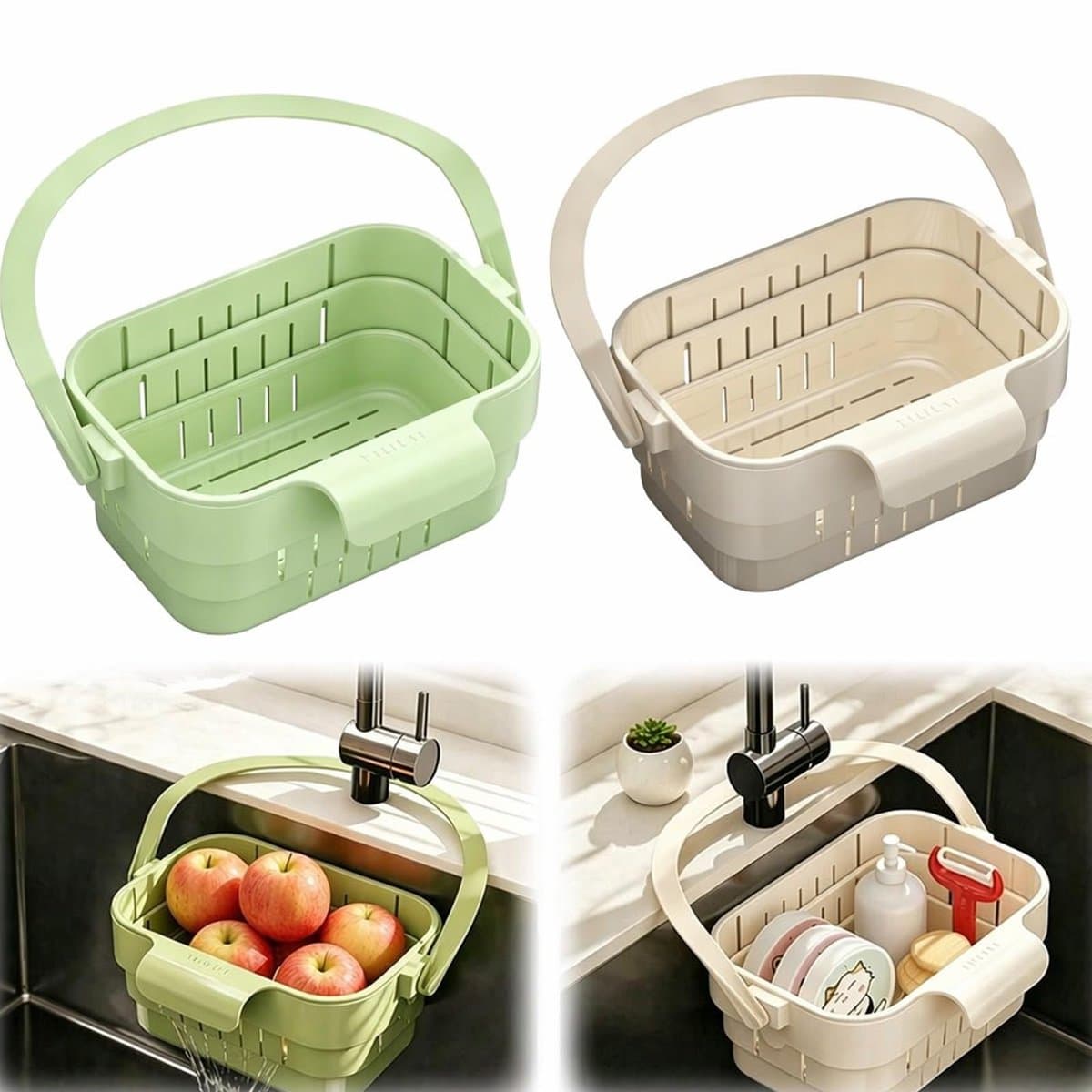Spoelbakorganizer set van 2 - wit en groen - uittrekbaar en opvouwbaar - ruimtebesparend voor woning en camping - ShopVlot — afbeelding 1