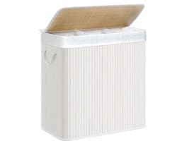 Wasmand Wasgoedmand Opbergmand 60 x 40 x 61,5 cm Wit 150L grote capaciteit met drie vakken en afneembare wasbare binnenzak deksel en handgrepen opvouwbaar en ruimtebesparend geschikt voor wasruimte slaapkamer en badkamer