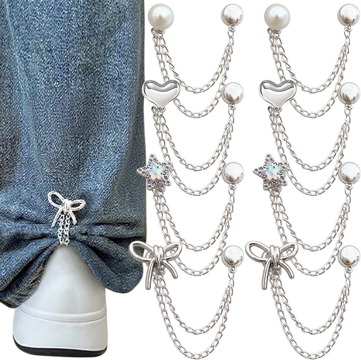 8 Multifunctionele kledingclips -Metaal -Zilver -Verstelbare zoomclips - Ster-/parel-/hart-/strikpatronen -Clips voor overhemden en broekspijpen - Leuke decoraties - Clips voor lange jeanspijpen en manchetknopen - Kledingaccessoires - Anti-sleepclips — afbeelding 1