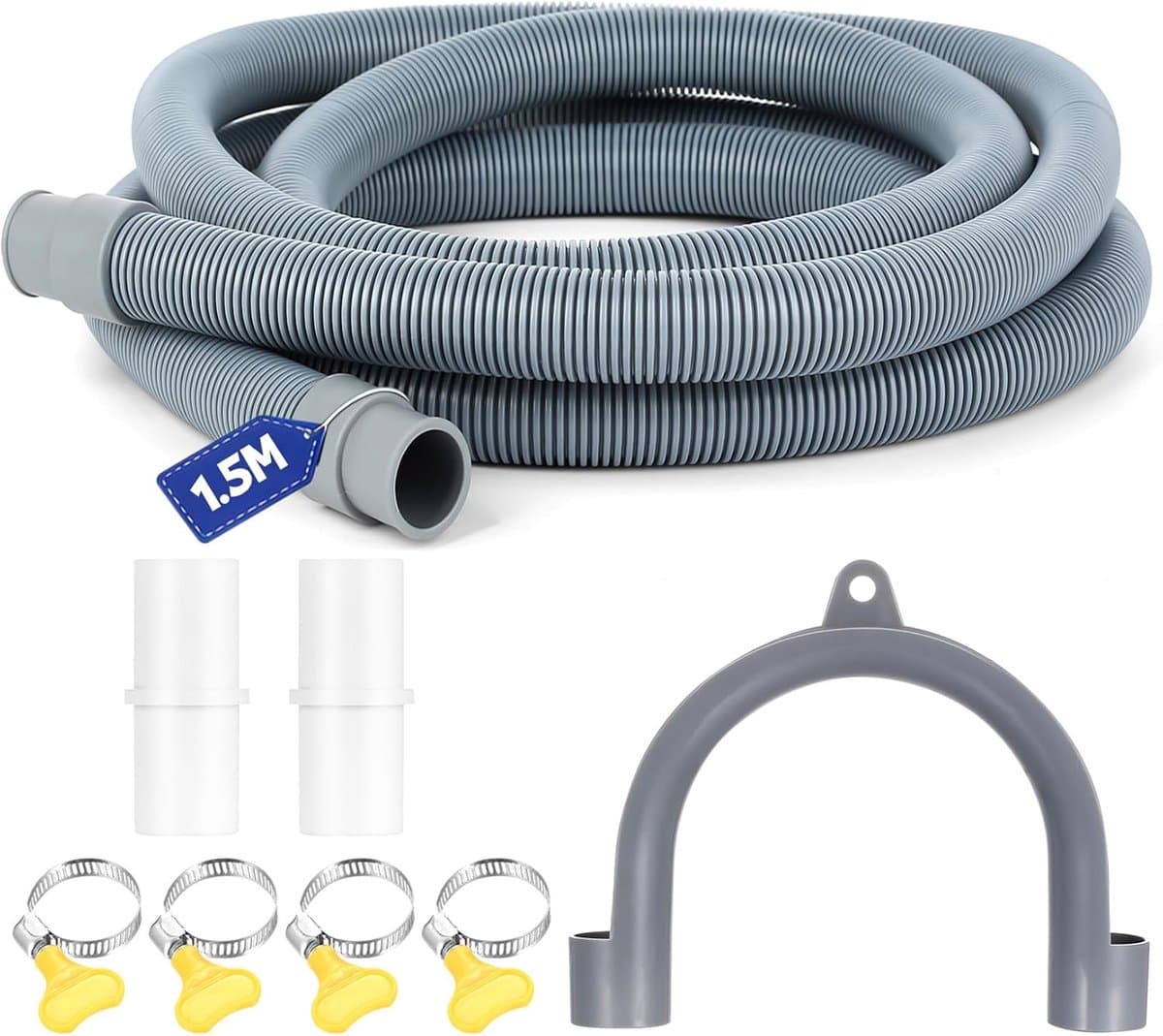 SnelShoppen - 1.5m Afvoerslang Verlenging Wasmachine, Universele Afvoer Hose Set voor Wasmachine, Droger, Vaatwasser met 2 Verlengstukken & 4 Slangkle — afbeelding 1