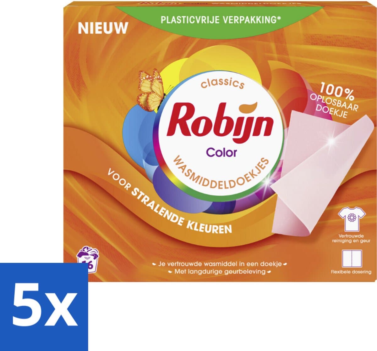 5 x Robijn Classics - Color - Wasmiddeldoekjes - 16 Wasstrips - Kleurbehoud - Wasmiddel - Wasstrips - Wasdoekjes - Wasmiddeldoekjes — afbeelding 1
