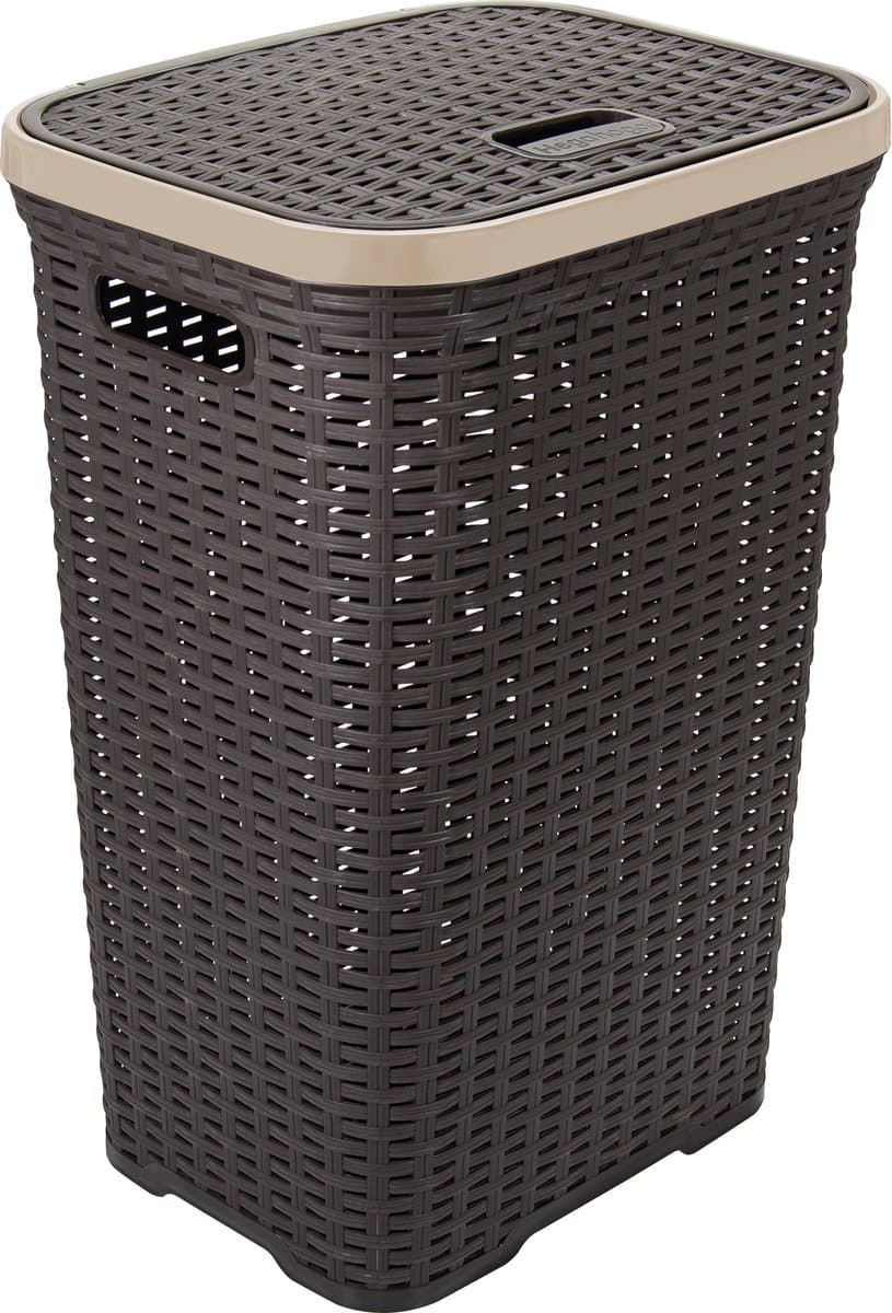 Hega Hogar Wasmand met deksel Rotan - donkerbruin - gevlochten kunststof - 60 liter - 34 x 43 x 62 cm — afbeelding 1