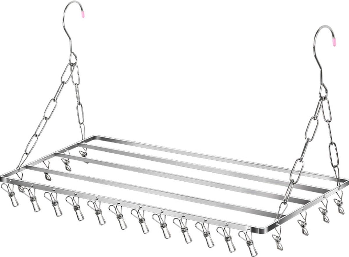 Hangend Roestvrijstalen Droogrek voor Balkon en Verwarming - met 20 knijpers-Ruimtebesparend en Duurzaam - Perfect voor Kleding, Handdoeken en Kussens-60cm — afbeelding 1