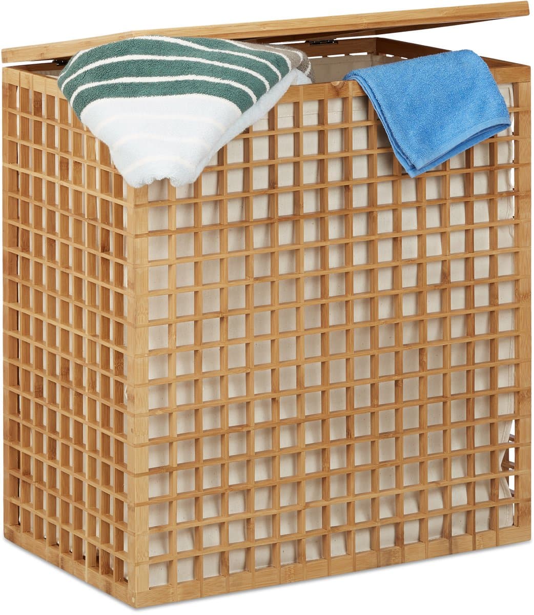 bamboe wasmand - 2 vakken - 96 l - uitneembare waszak — afbeelding 1