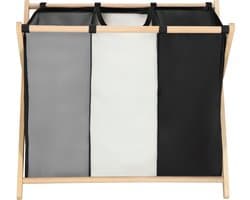 Muntel® Wasmand - Opvouwbaar - Beukenhout - Polyester - 3 Vakken - 105 L - Zwart - Grijs - Ecru