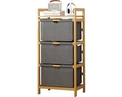 Wasverzamelaar, rek, 3 vakken, stabiele wasmand van bamboehout, sorteersysteem, 45 x 32 x 96 cm, groot, voor badkamer en slaapkamer, wasgoed organizer met stoffen mand