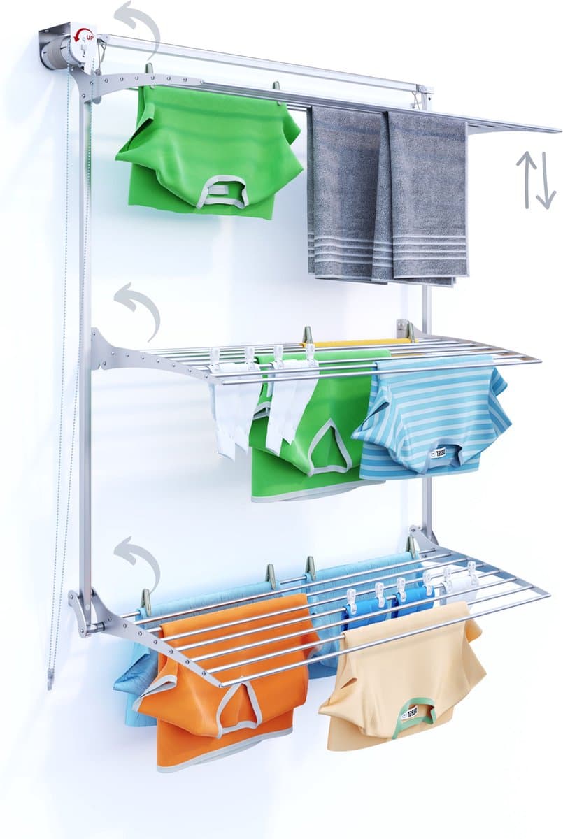 Foxydry Tower 128 cm - 3 droogrekken boven elkaar, inklapbaar en hoogte verstelbaar -bediening links- 128 x 52 x 137 cm — afbeelding 1