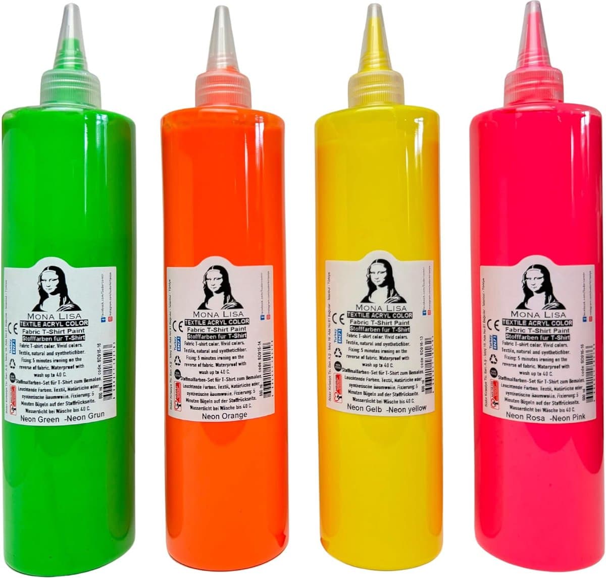 Südor Neon Textielverf set 4 x 500 ml. Wasbestendige textielverf voor lichte stoffen. Wasmachinebestendig, wasbestendig. Fixatie door strijken (Kleuren: neongeel, neongroen, neonroze, neonoranje) — afbeelding 1