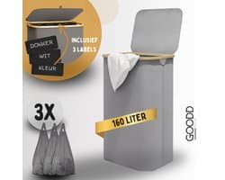 GOODD® - Wasmand - Wasmand 3 vakken - Wasmand met deksel - Wassorteerder - Licht Grijs - 160 Liter — afbeelding 1