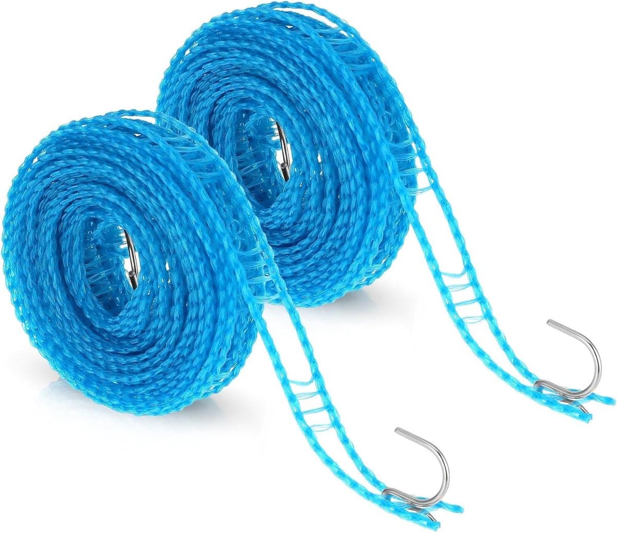 Set van 2 antislip waslijnen van 5 meter met haken, draagbaar en geschikt voor camping, huishouden, tuin en buitengebruik voor eenvoudig en stevig ophangen — afbeelding 1