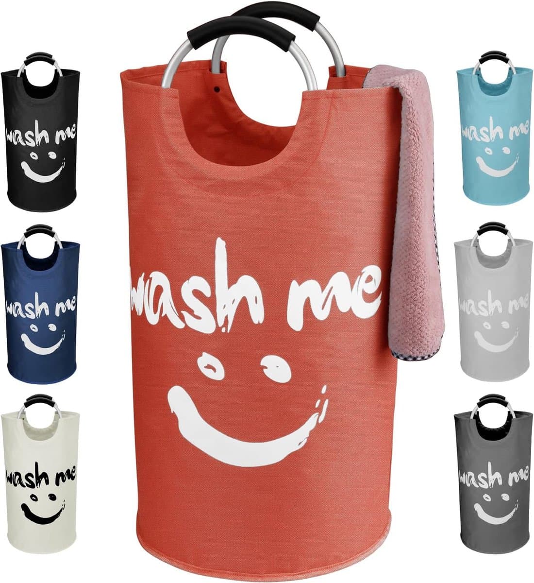 Vuile wasverzamelaar, grote opvouwbare wasmand met zachte handgrepen, staande wasmanden, smiley waszakken voor slaapkamer, wasgoed, slaapzaal, camping, irriteren (rood) — afbeelding 1
