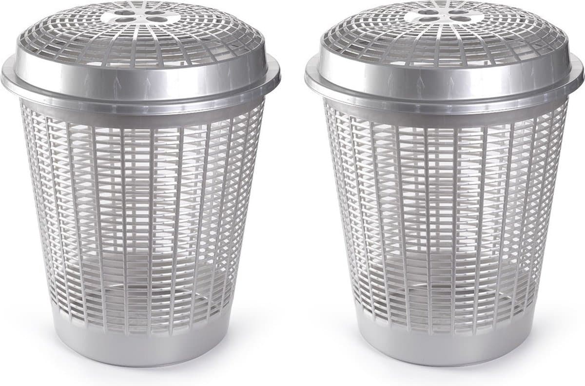 Plasticforte Wasmand met deksel - 2x stuks - 50 liter - zilverkleurig - rond - D45 x H57 cm - opbergmand — afbeelding 1