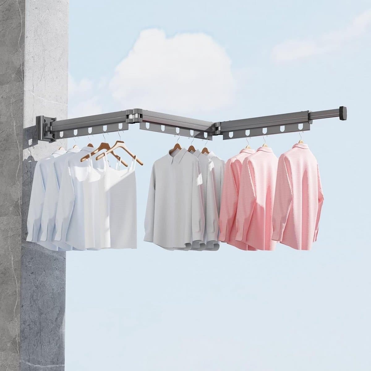 Extra groot droogrek voor kleding - Wanddroogrek - Opvouwbaar - Geen spijkers of lijm - Ruimtebesparend droogrek voor kleding - Telescopisch droogrek voor kleding - Zwart - Drievoudig opvouwbaar + Telescopische paal - Uitschuifbaar tot 126 cm — afbeelding 1