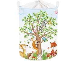Ronde Opbergmand - Met bosdieren print (hertje, eekhoorn, vos) - Voor speelgoed en kleding in de kinderkamer - Groen, 36x45 cm