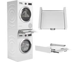 Tussenstuk Wasmachine Droger - Stapelkit Plateau - Ruimte Besparen - Met Uittrekbaar Rek - 55 cm Diep - Wit