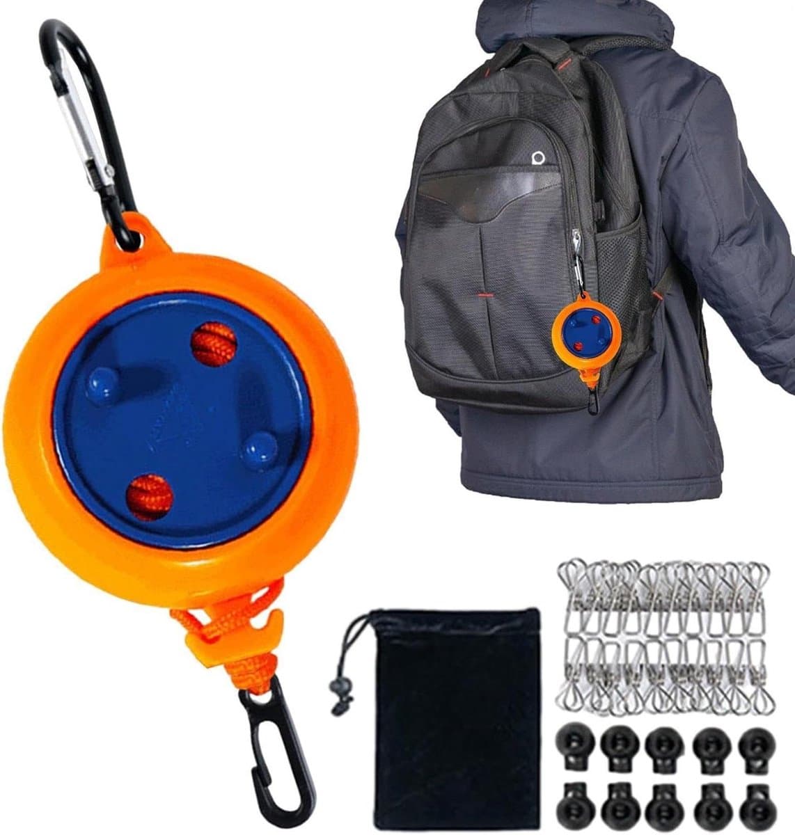 Intrekbare waslijn - Draagbare droger - Kleding drogen - Winddicht ontwerp - 10 meter - Oranje — afbeelding 1
