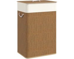 ELYSIVM Wasmand - Wasmand Bamboe - Wasmand met Deksel - Wasmand met Binnenzak - Uitneembare Waszak - Warm Bamboe Design voor Slaapkame / Badkamer - 72 L - 40 x 30 x 60 cm - Bruin / Crème